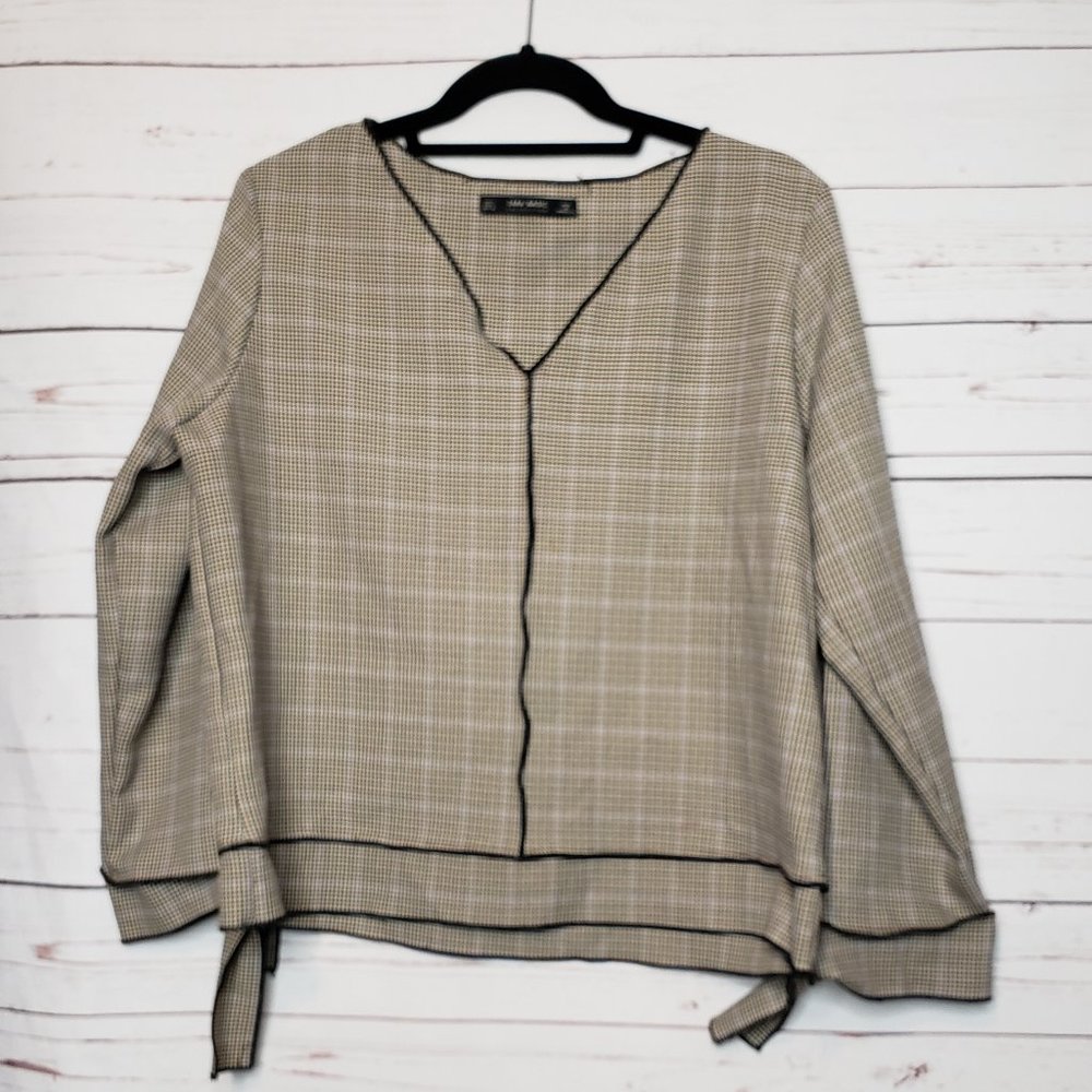 Zara Houndstooth V-Neck Tie Sleeve Top